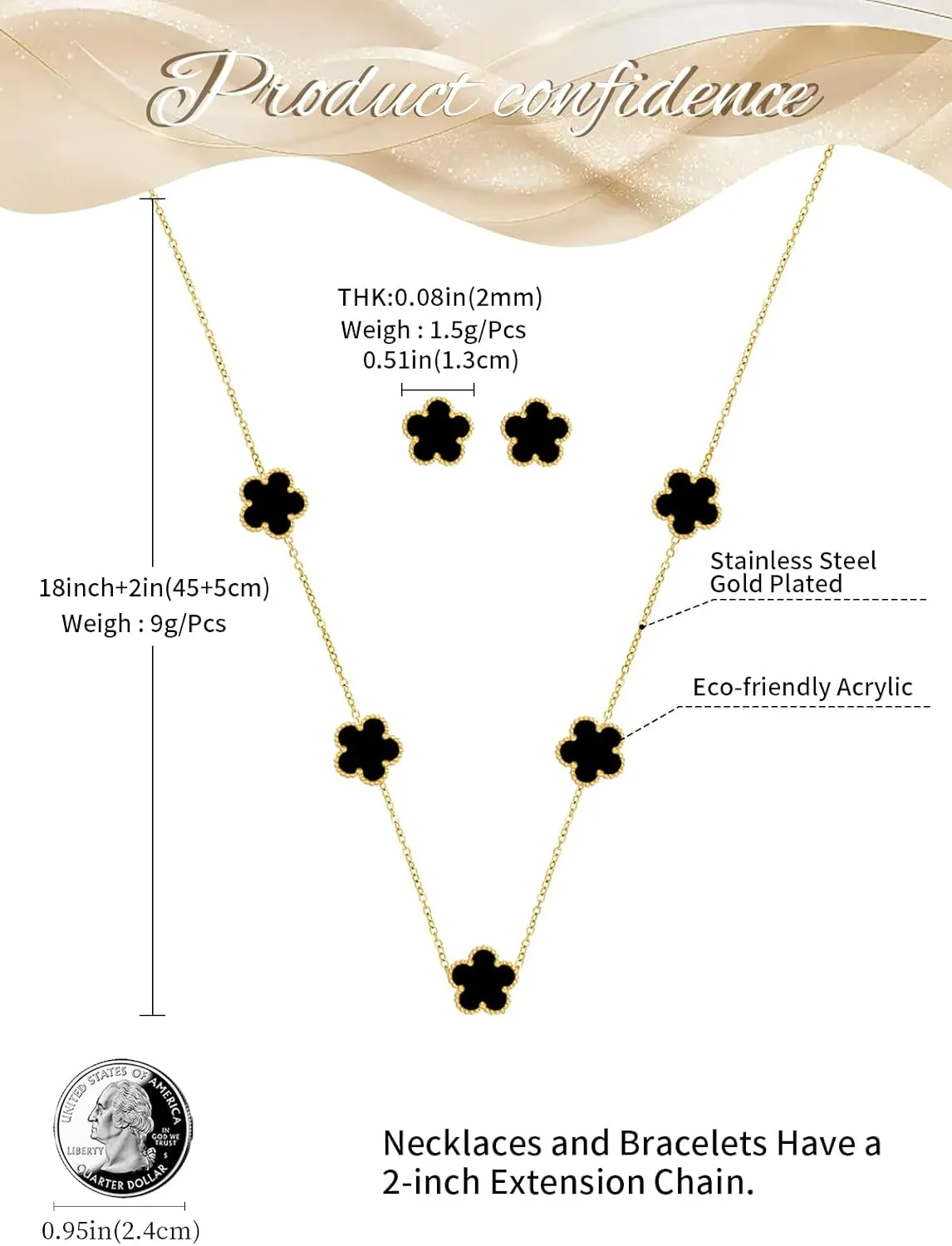 Gold Plated Stainless Steel Four Leaf Clover Necklace and Stud Jewelry Set for Women