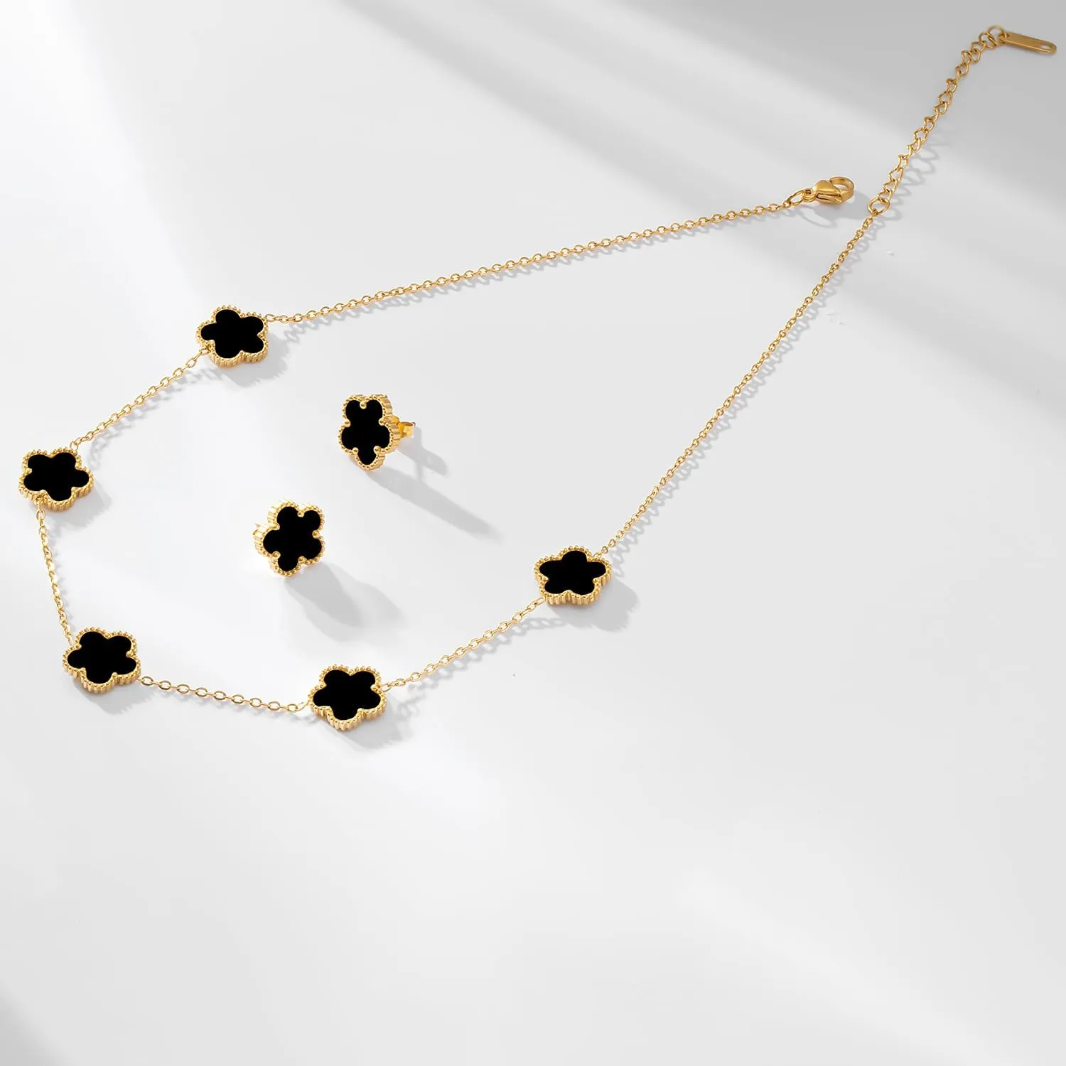 Gold Plated Stainless Steel Four Leaf Clover Necklace and Stud Jewelry Set for Women