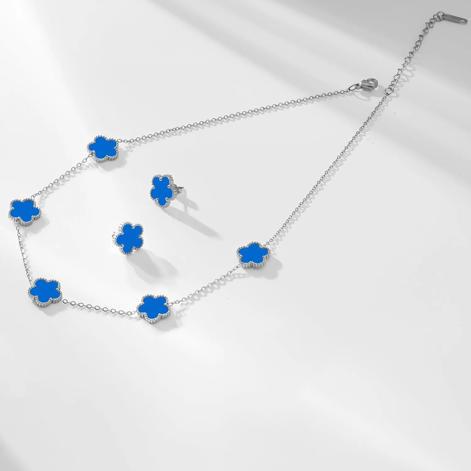 Gold Plated Stainless Steel Four Leaf Clover Necklace and Stud Jewelry Set for Women