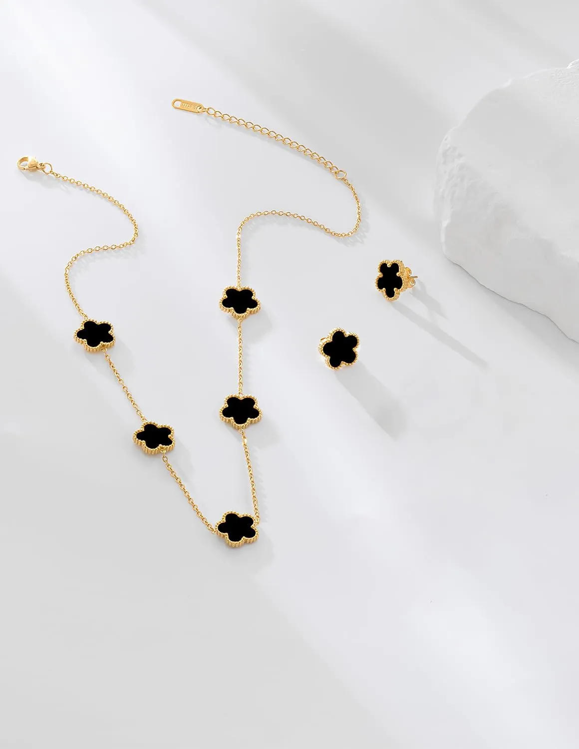 Gold Plated Stainless Steel Four Leaf Clover Necklace and Stud Jewelry Set for Women