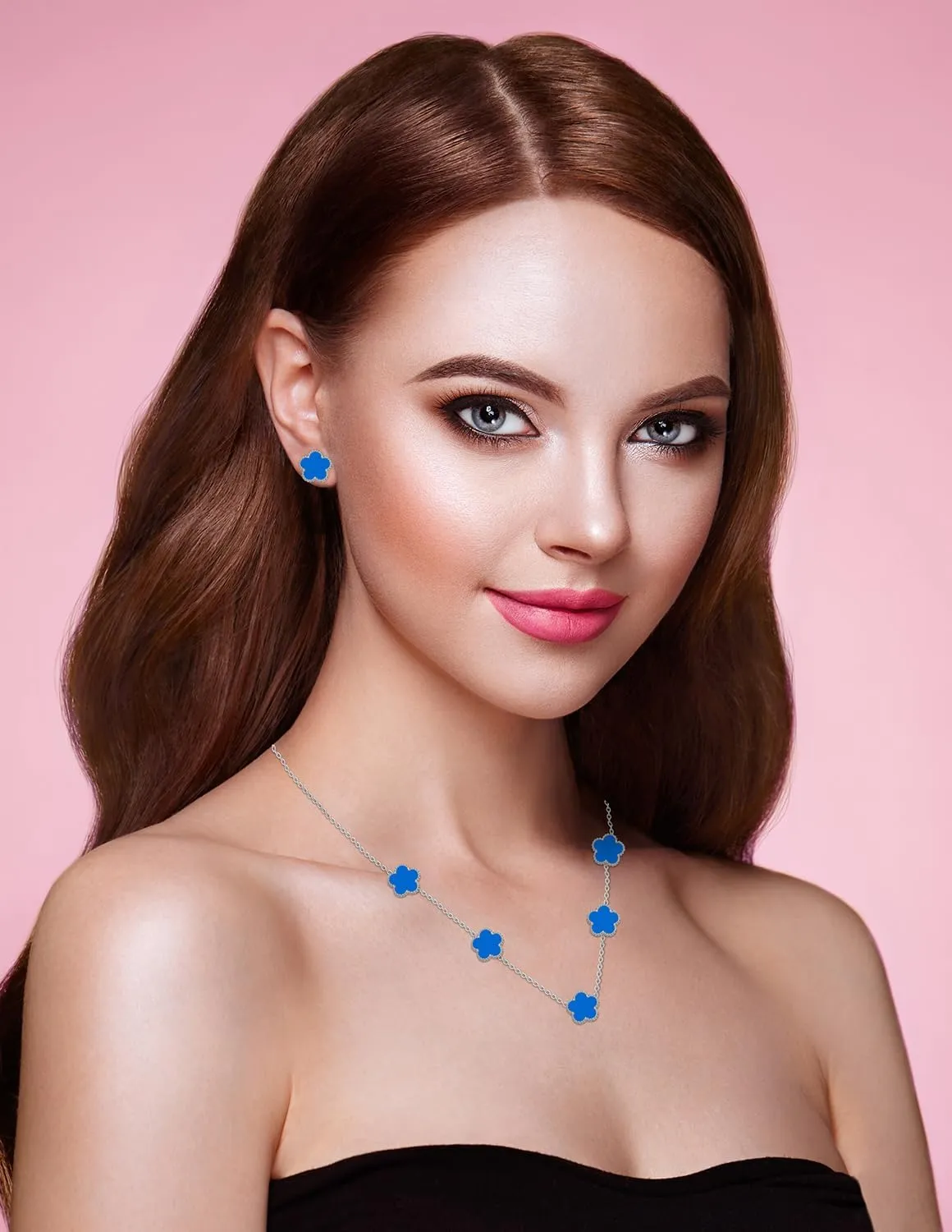 Gold Plated Stainless Steel Four Leaf Clover Necklace and Stud Jewelry Set for Women