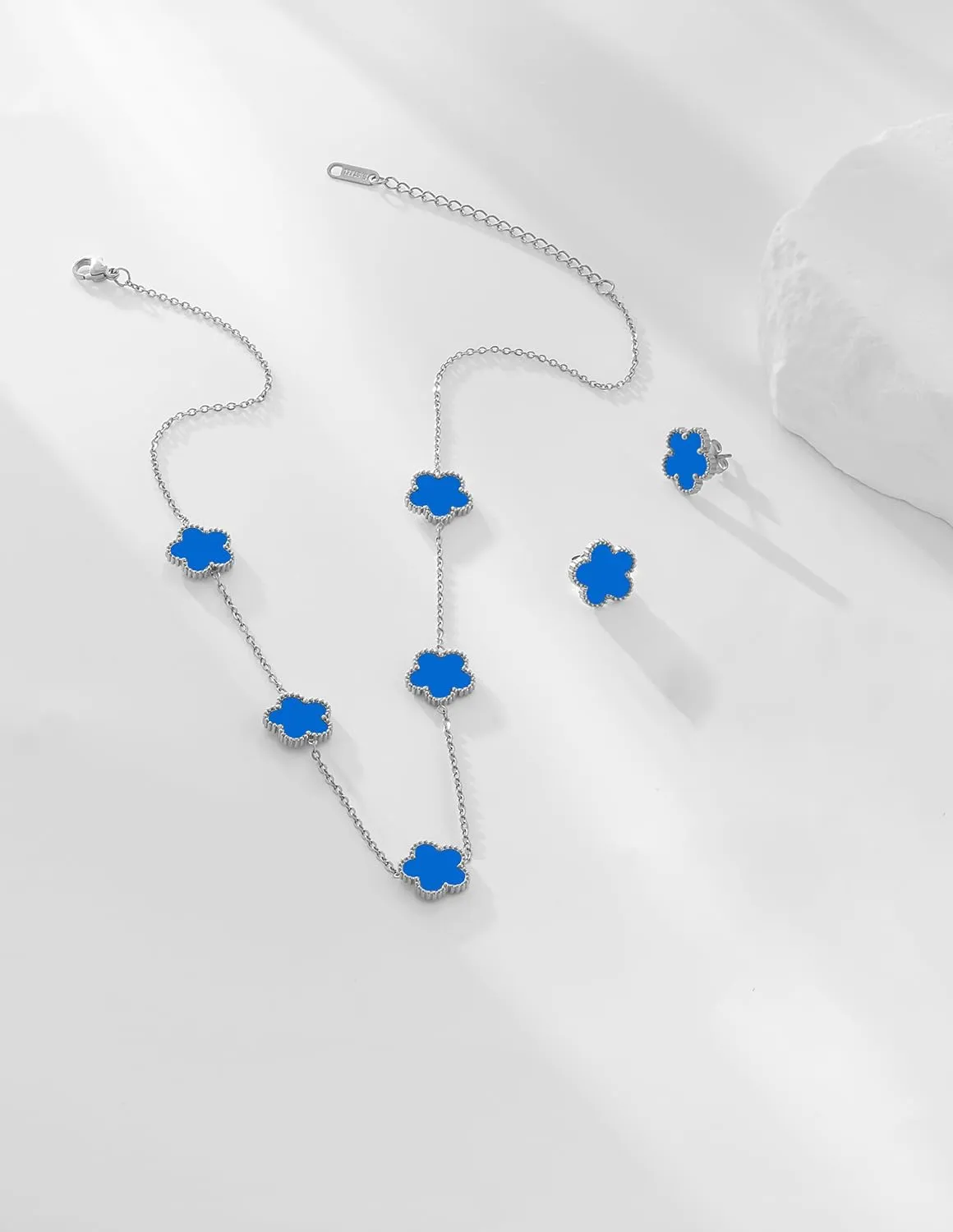 Gold Plated Stainless Steel Four Leaf Clover Necklace and Stud Jewelry Set for Women