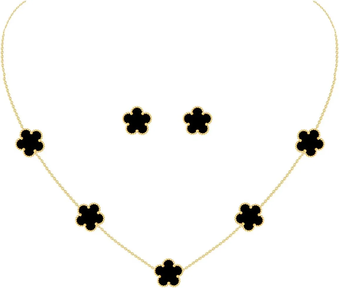 Gold Plated Stainless Steel Four Leaf Clover Necklace and Stud Jewelry Set for Women