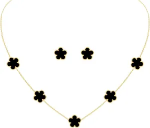 Gold Plated Stainless Steel Four Leaf Clover Necklace and Stud Jewelry Set for Women