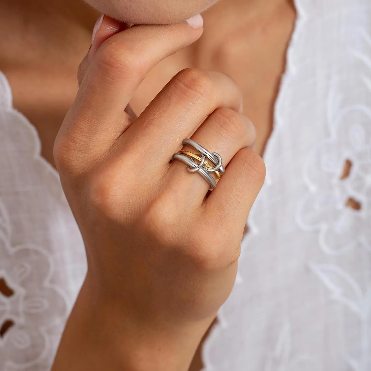 Gold Stackable Rings for Women, 14K Gold Plated Cubic Zirconia Rings, Silver Gold Multi Ring Mixed Metals Stackable Ring Set for Women Non Tarnish
