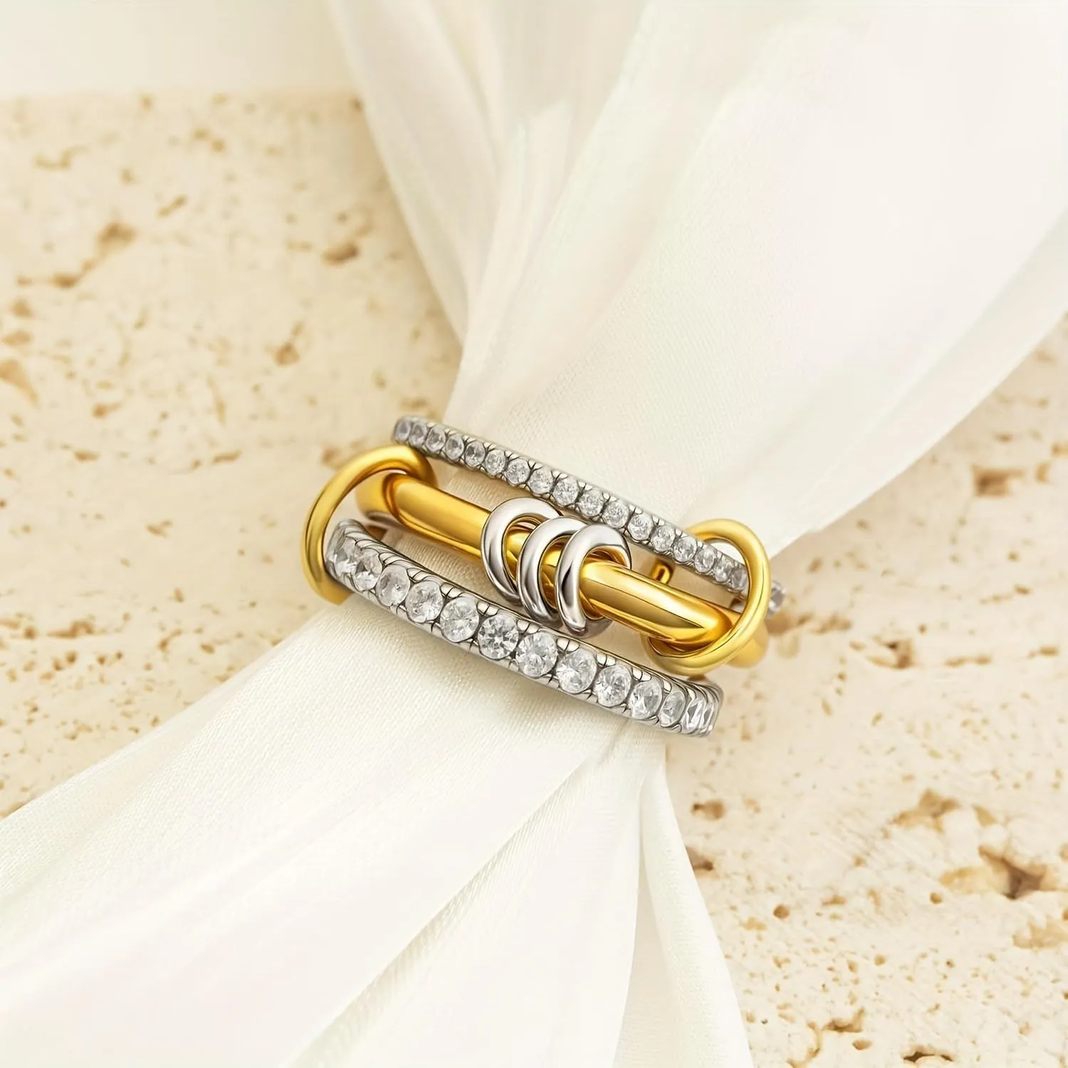 Gold Stackable Rings for Women, Non-Tarnish 18k Gold Plated Cubic Zirconia Rings, Dainty Silver and Gold Mixed Metal Multi-Link Connected Ring Set