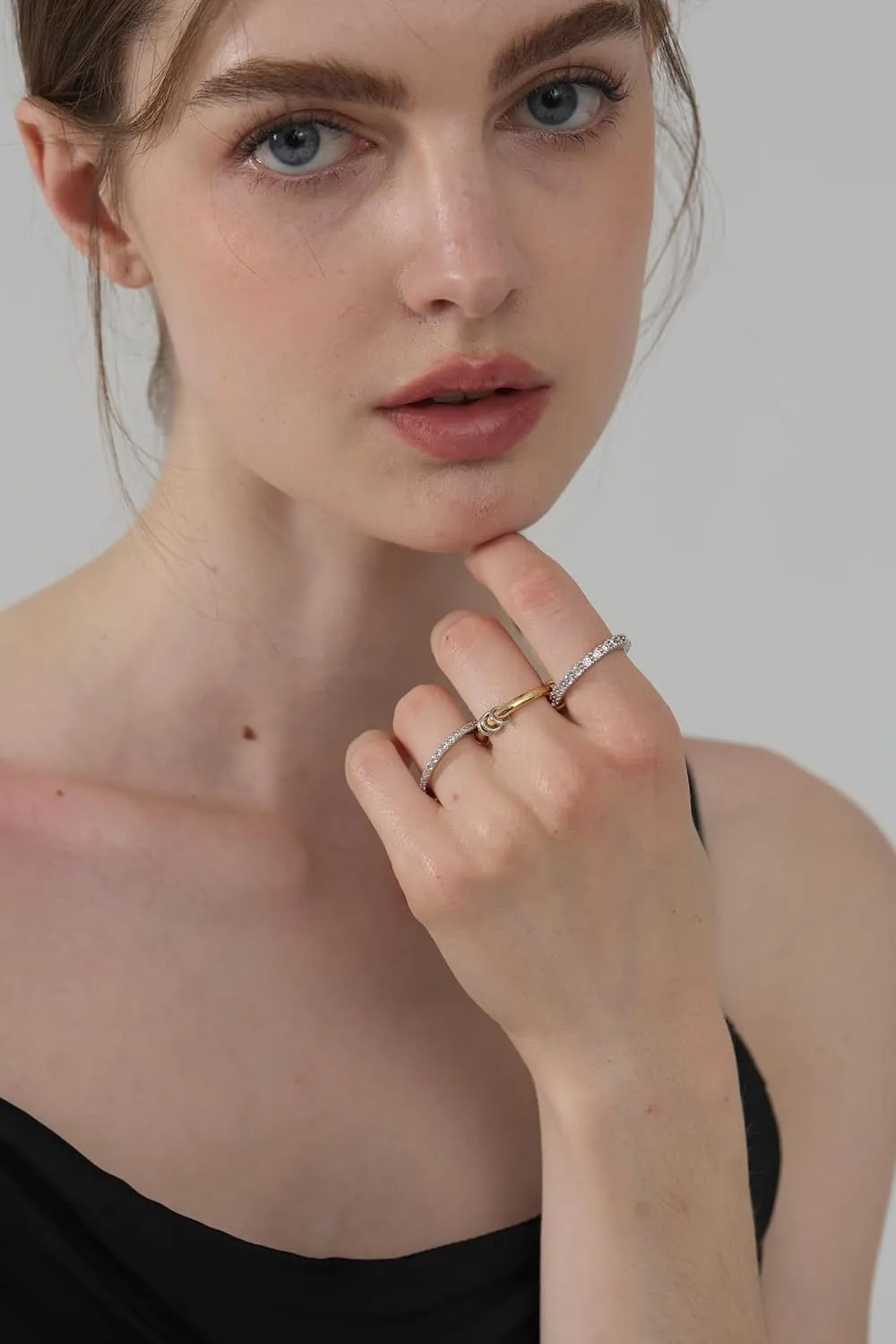 Gold Stackable Rings for Women, Non-Tarnish 18k Gold Plated Cubic Zirconia Rings, Dainty Silver and Gold Mixed Metal Multi-Link Connected Ring Set