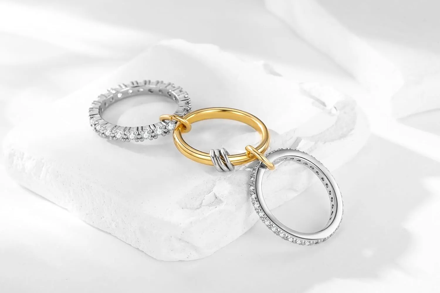 Gold Stackable Rings for Women, Non-Tarnish 18k Gold Plated Cubic Zirconia Rings, Dainty Silver and Gold Mixed Metal Multi-Link Connected Ring Set