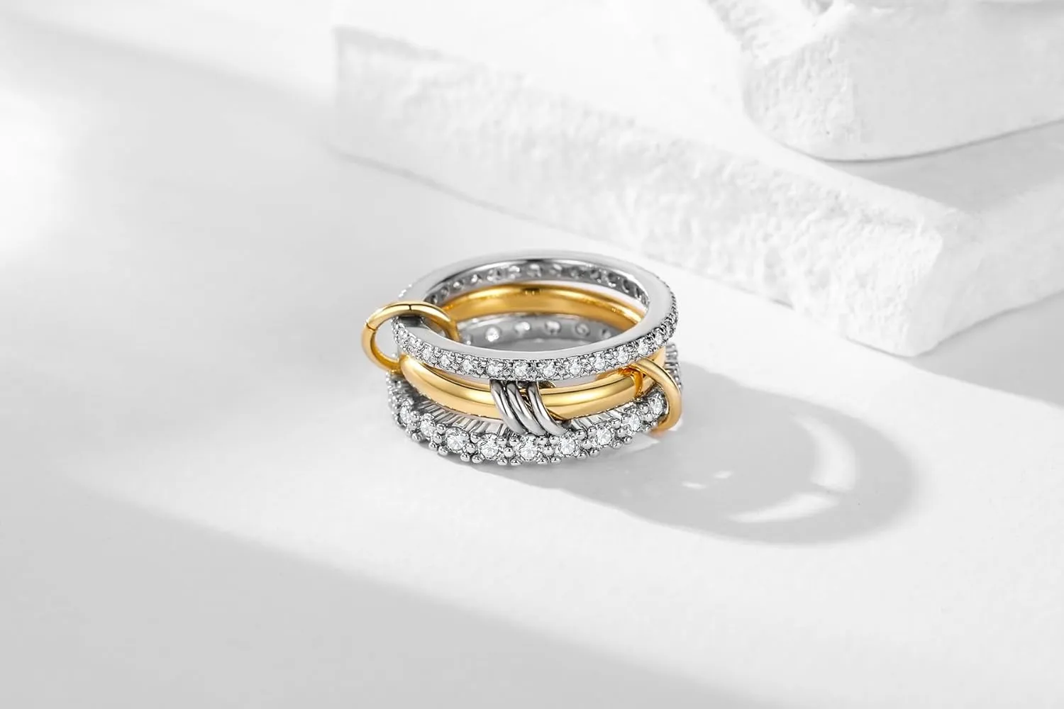 Gold Stackable Rings for Women, Non-Tarnish 18k Gold Plated Cubic Zirconia Rings, Dainty Silver and Gold Mixed Metal Multi-Link Connected Ring Set