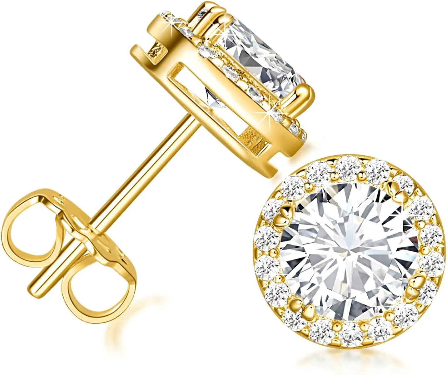 Gold Stud Earrings 14K Gold Earrings Minimalist Stud Earring for Women Sparkling Clear Cubic Zirconia Earring Studs 10mm