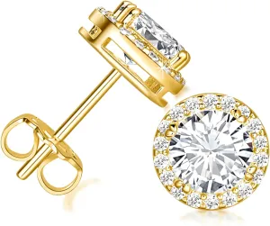 Gold Stud Earrings 14K Gold Earrings Minimalist Stud Earring for Women Sparkling Clear Cubic Zirconia Earring Studs 10mm