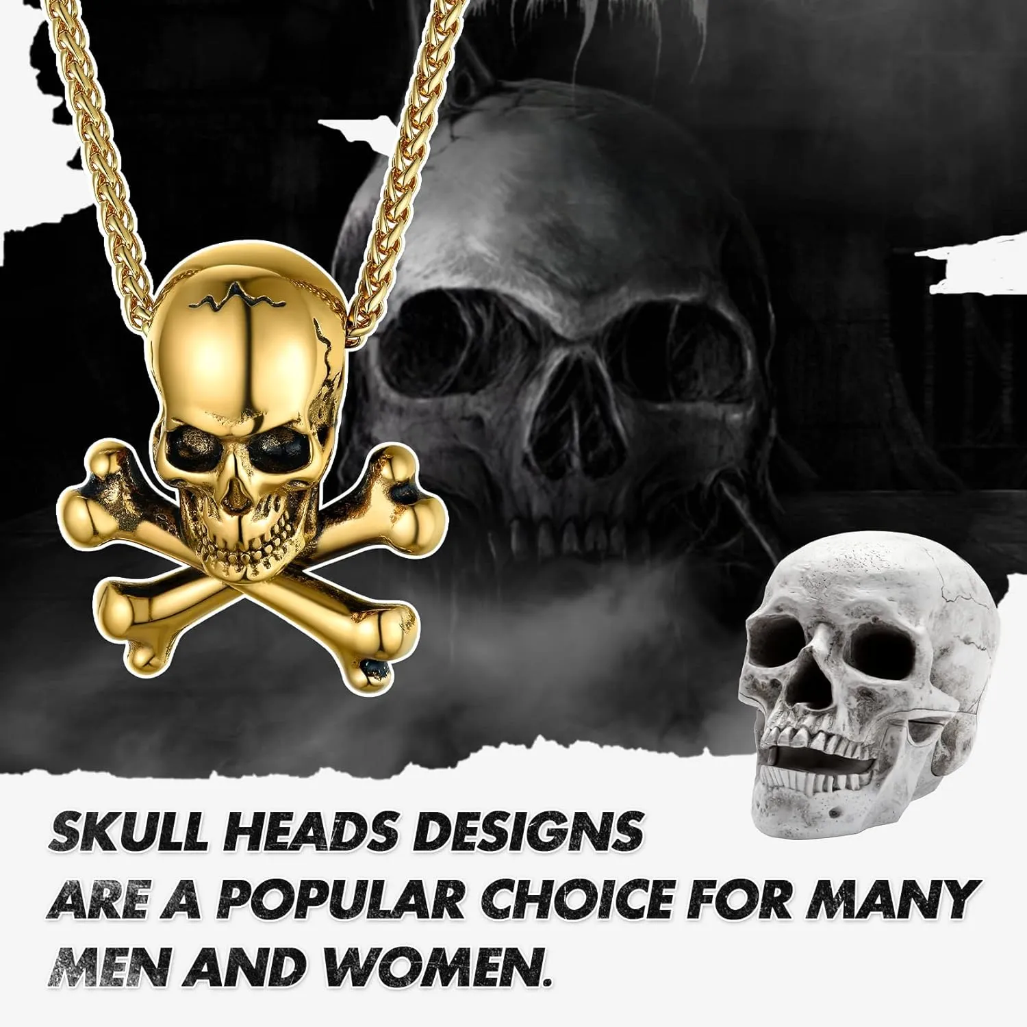GoldChic Jewelry Skull Necklaces For Men, Stainless Steel Gothic Skeleton Necklace Viking Norse Runes Halloween Gifts for Man