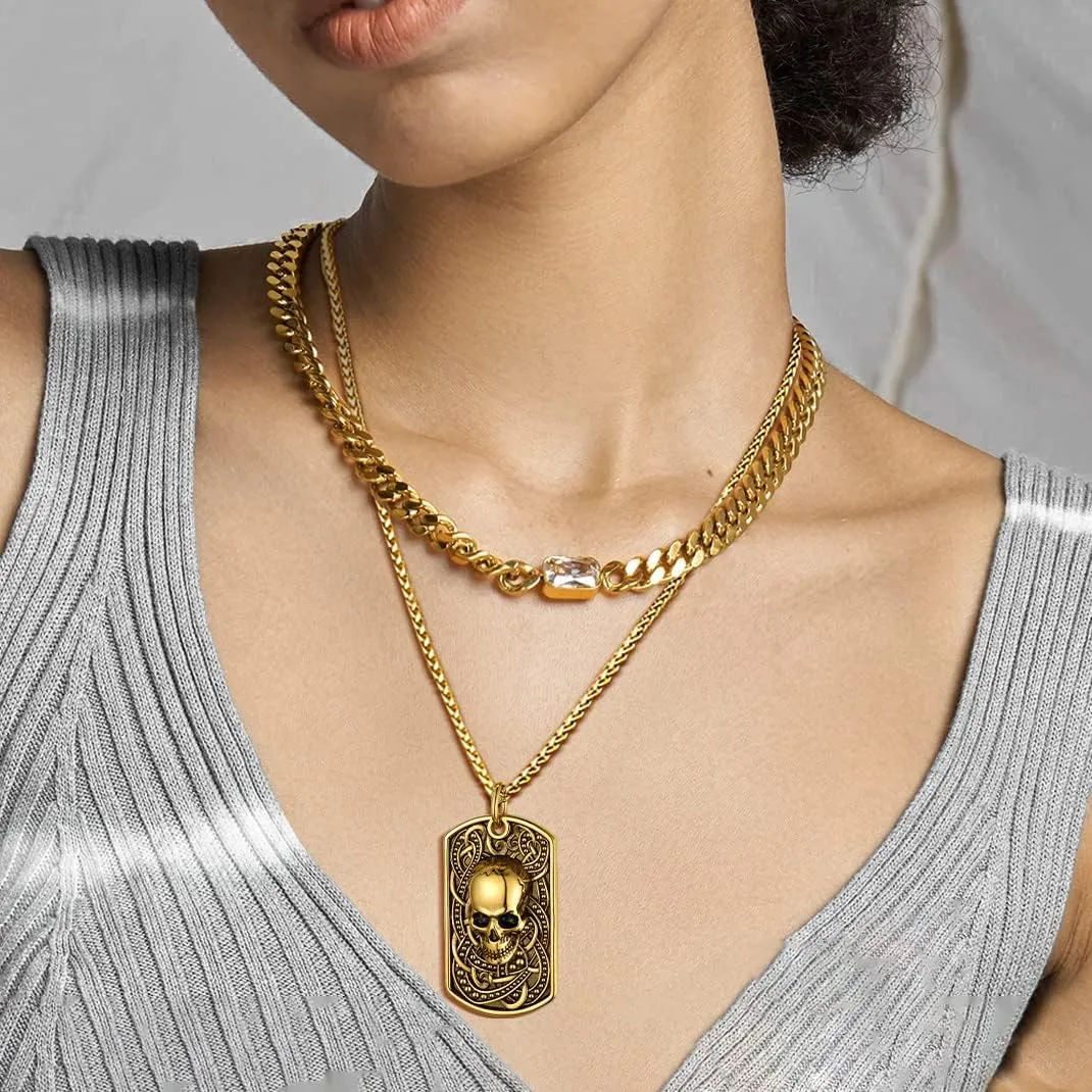 GoldChic Jewelry Skull Necklaces For Men, Stainless Steel Gothic Skeleton Necklace Viking Norse Runes Halloween Gifts for Man