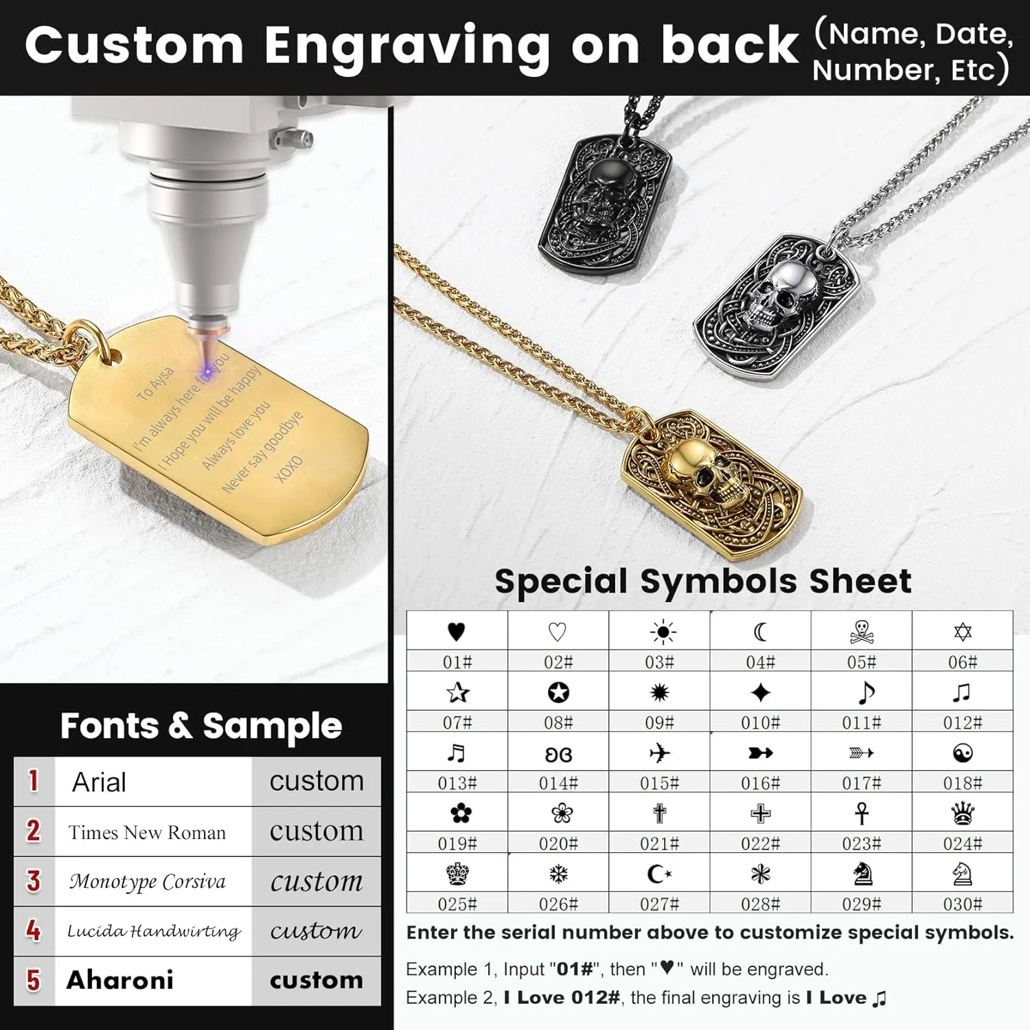GoldChic Jewelry Skull Necklaces For Men, Stainless Steel Gothic Skeleton Necklace Viking Norse Runes Halloween Gifts for Man