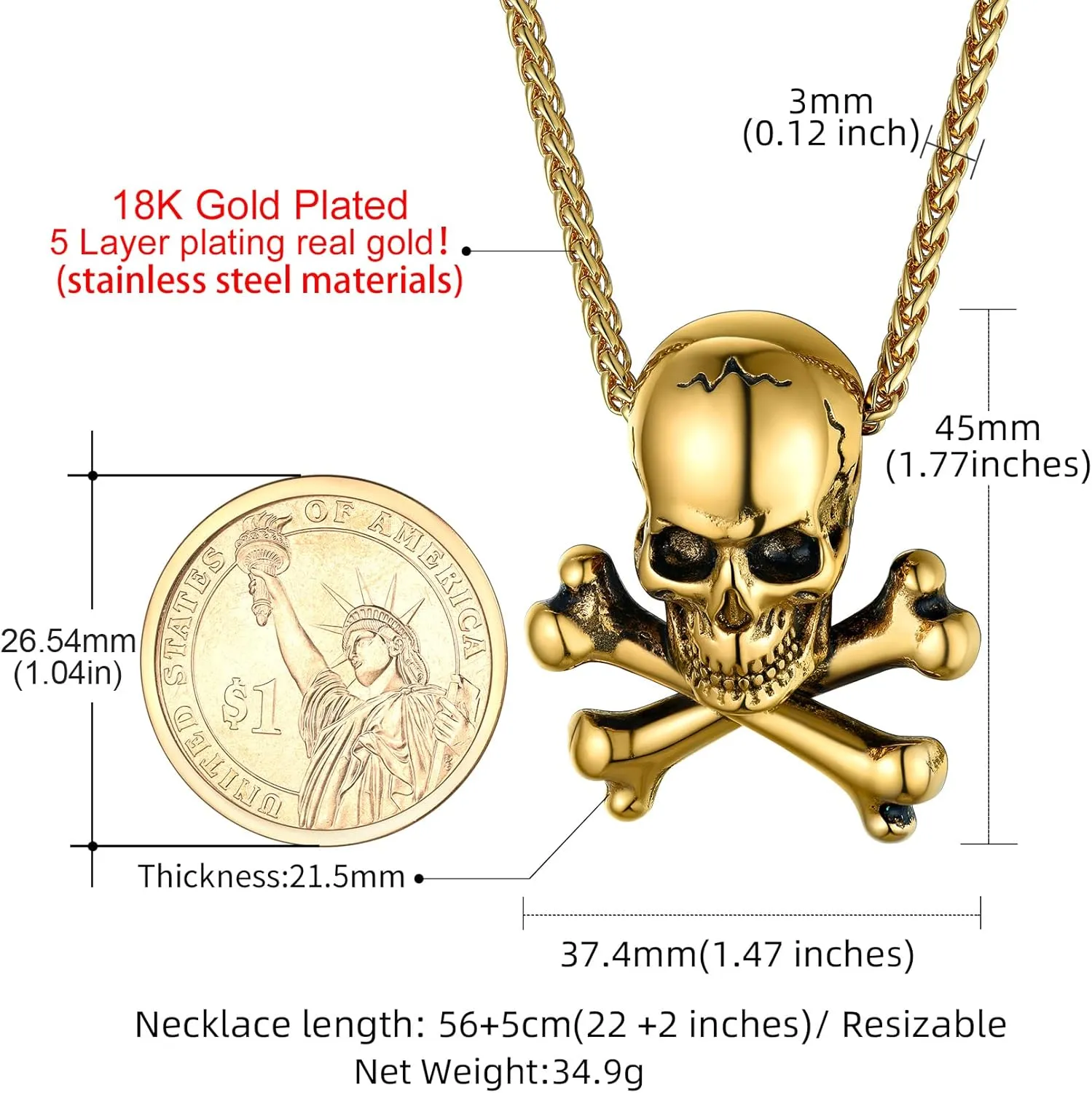 GoldChic Jewelry Skull Necklaces For Men, Stainless Steel Gothic Skeleton Necklace Viking Norse Runes Halloween Gifts for Man