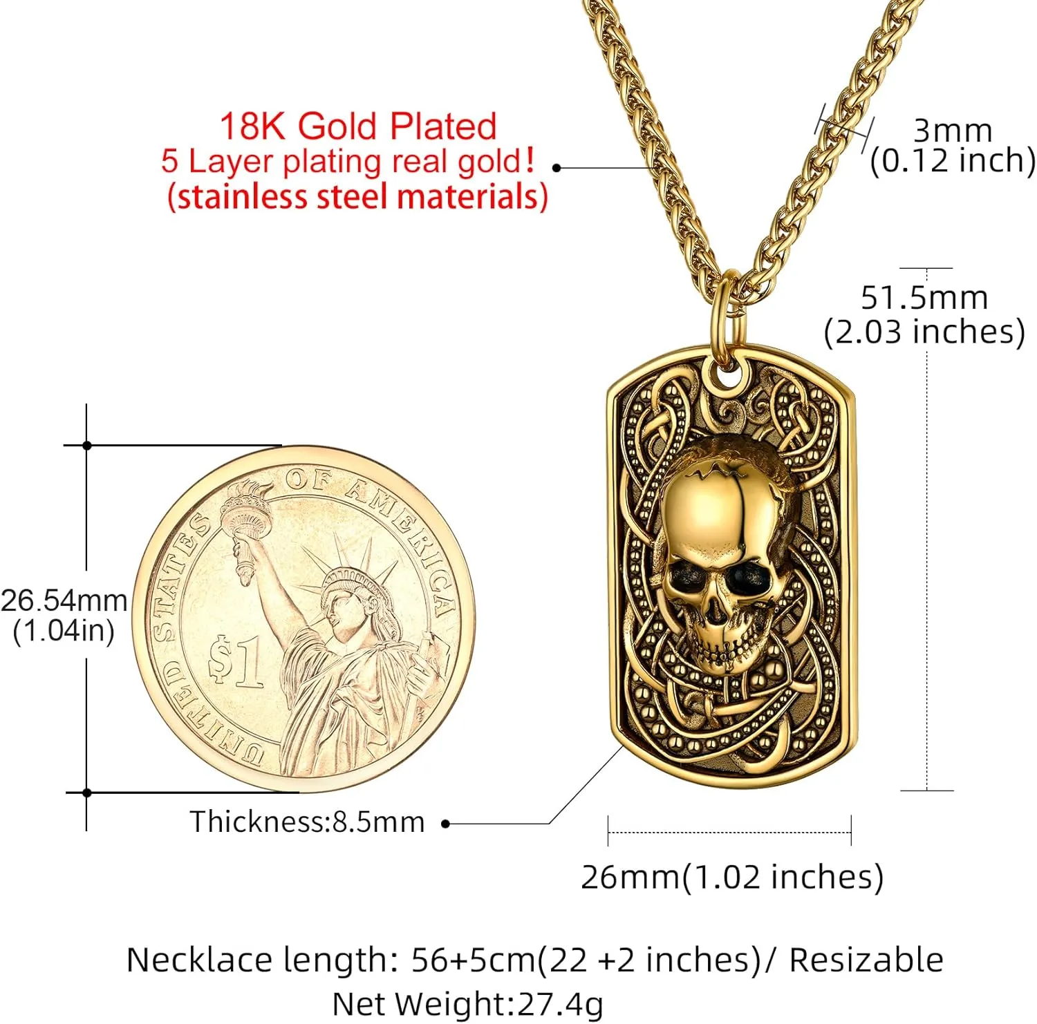 GoldChic Jewelry Skull Necklaces For Men, Stainless Steel Gothic Skeleton Necklace Viking Norse Runes Halloween Gifts for Man