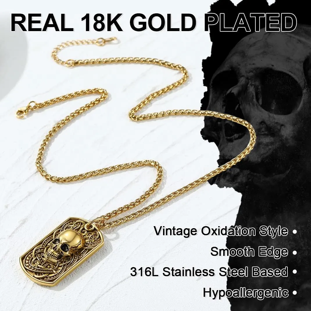 GoldChic Jewelry Skull Necklaces For Men, Stainless Steel Gothic Skeleton Necklace Viking Norse Runes Halloween Gifts for Man