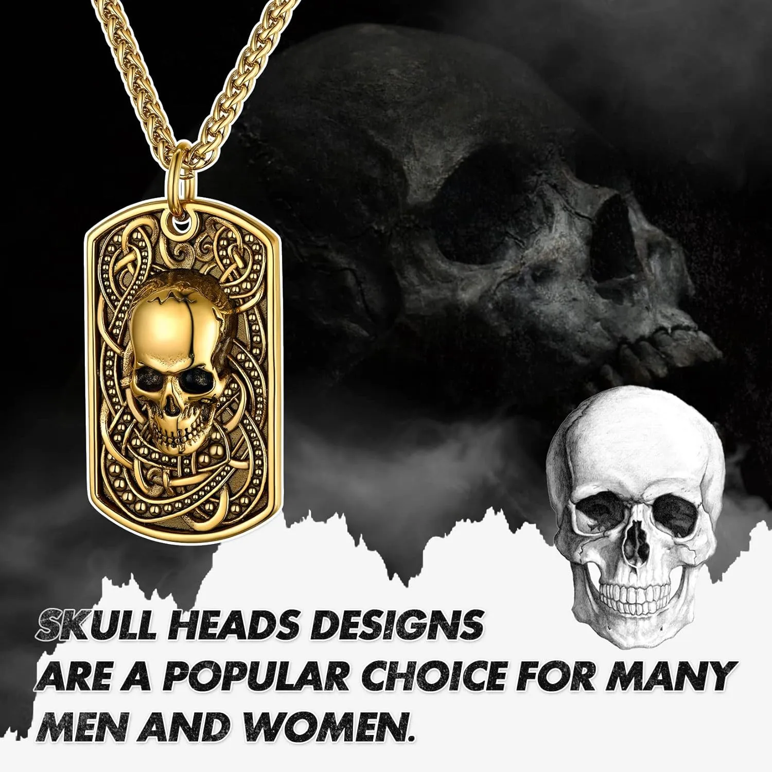 GoldChic Jewelry Skull Necklaces For Men, Stainless Steel Gothic Skeleton Necklace Viking Norse Runes Halloween Gifts for Man