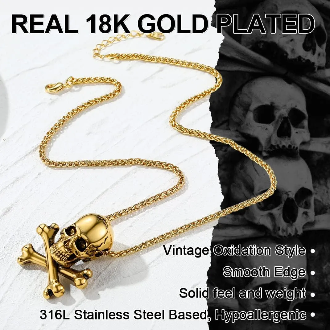 GoldChic Jewelry Skull Necklaces For Men, Stainless Steel Gothic Skeleton Necklace Viking Norse Runes Halloween Gifts for Man