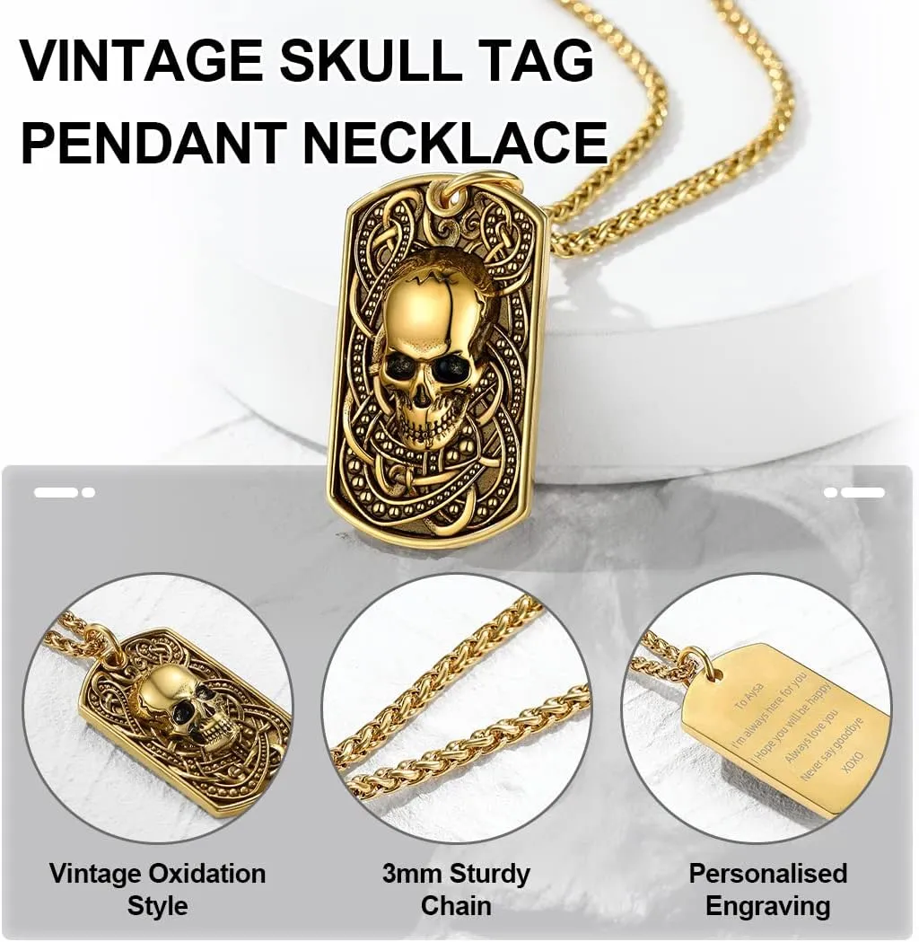 GoldChic Jewelry Skull Necklaces For Men, Stainless Steel Gothic Skeleton Necklace Viking Norse Runes Halloween Gifts for Man