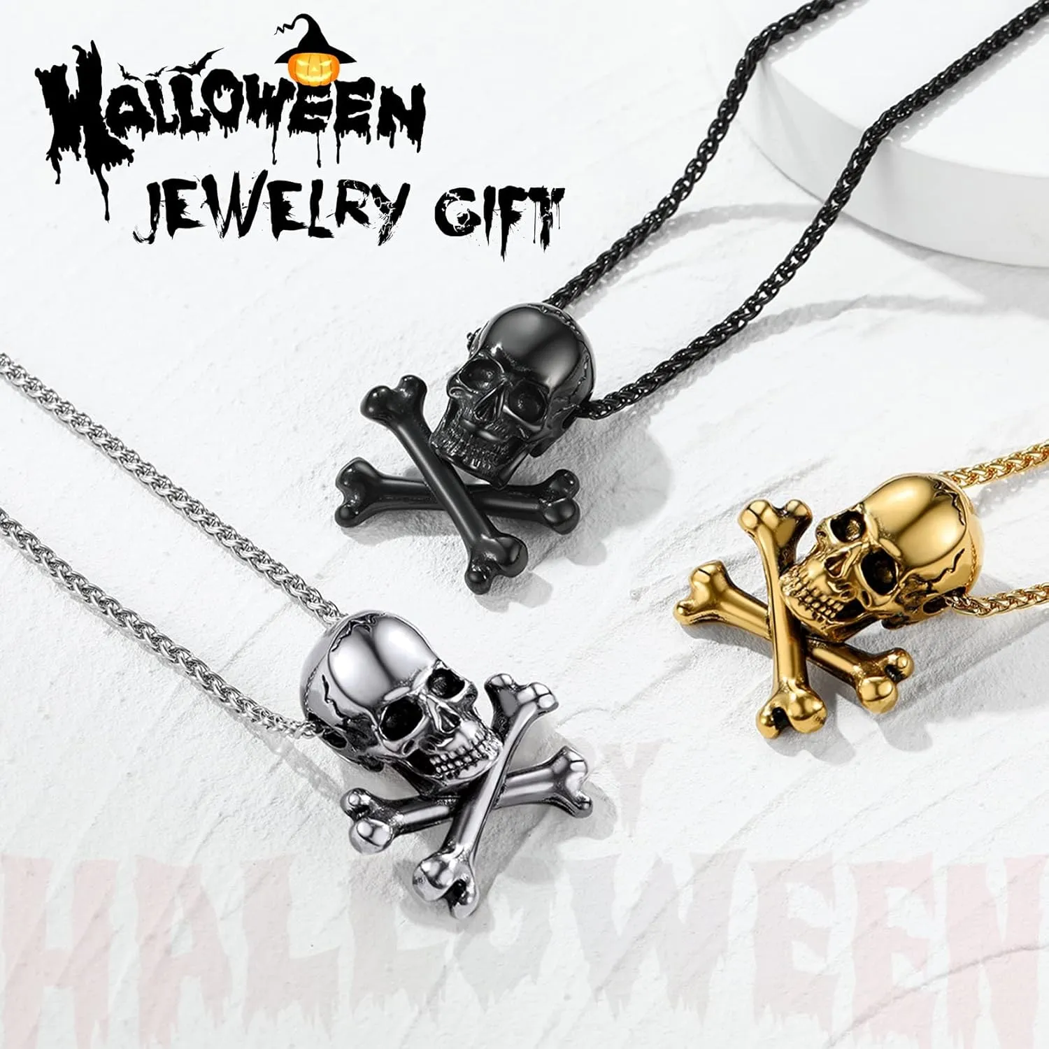 GoldChic Jewelry Skull Necklaces For Men, Stainless Steel Gothic Skeleton Necklace Viking Norse Runes Halloween Gifts for Man