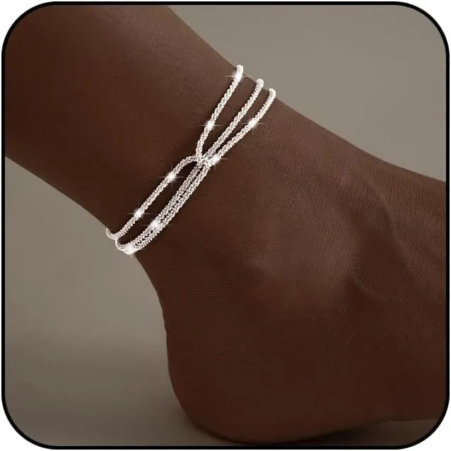 Gold/Silver Anklet for Women Ankle Bracelets Silver Waterproof Adjustable Anklet Layered Ankle Bracelet Sparkling Anklet Bracelets Women's Anklets Silver Summer Beach Anklet