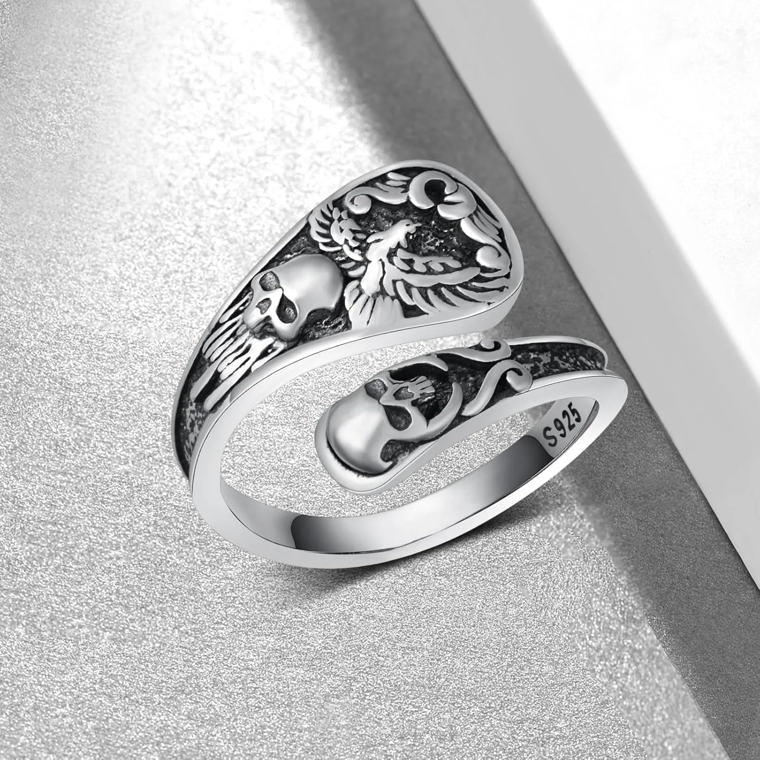 Goth Spoon Rings 925 Sterling Silver Crow/Raven/Phoenix Spoon Ring Thumb Rings for Women Vintage Crow Jewelry Gifts