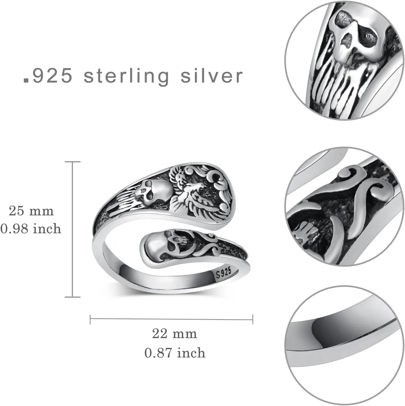 Goth Spoon Rings 925 Sterling Silver Crow/Raven/Phoenix Spoon Ring Thumb Rings for Women Vintage Crow Jewelry Gifts