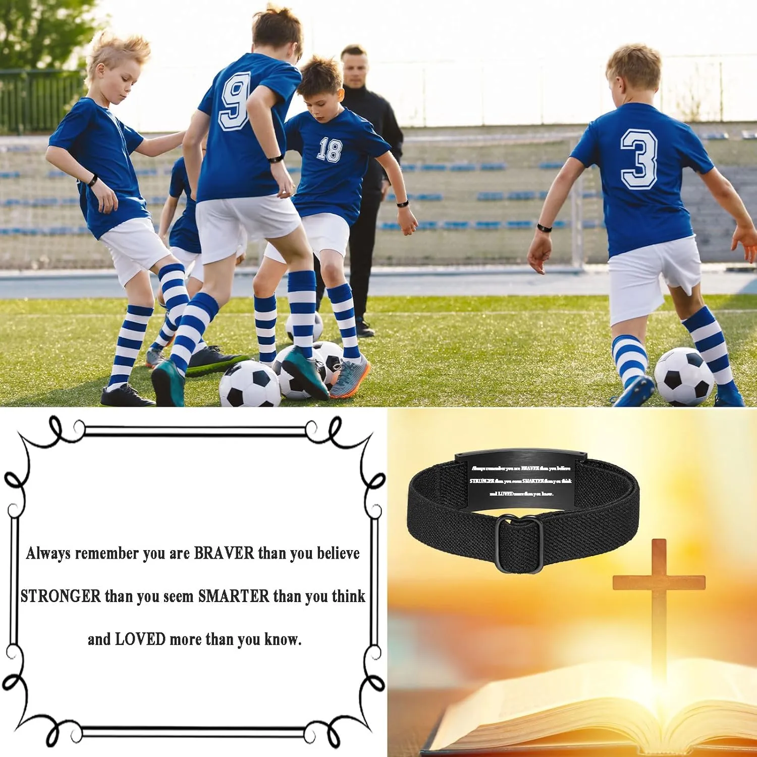 Graduation Gifts for Him Bracelets for Men Boys Soccer Cross Bracelet Elastic Strap Stainless Steel Adjustable Bible Verse Bracelets Baptism Christian Jewelry Graduation Gifts