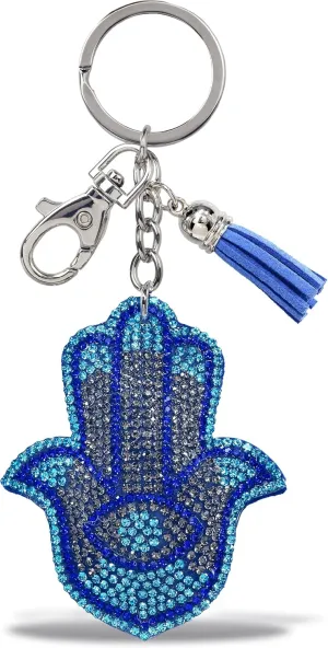 Hamsa Hand Keychain - Blue Sparkling Rhinestones Charm with Tassel, Fashionable Stylish Polyester PU Lucky Charm Key Ring Bling Jewelry Accessory with Clasp For Key Chain, Bag, and Purse