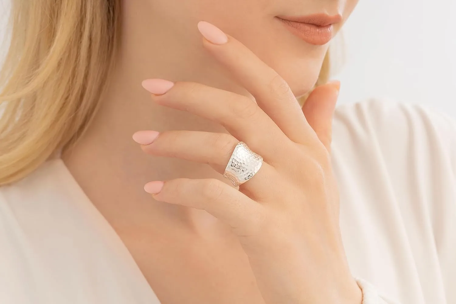 Handmade Hammered 925 Sterling Silver statement Ring for Women, boho classic shiny thick wide band thumb rings (Silver, 6-8 Adjustable)