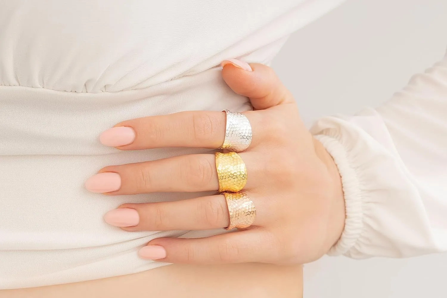 Handmade Hammered 925 Sterling Silver statement Ring for Women, boho classic shiny thick wide band thumb rings (Silver, 6-8 Adjustable)