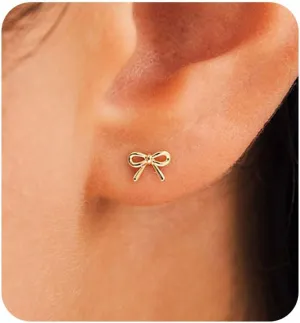 HANLI 14K Gold Plated Bow Studs for Women - Small Ribbon Coquette Earrings, Trendy Jewelry