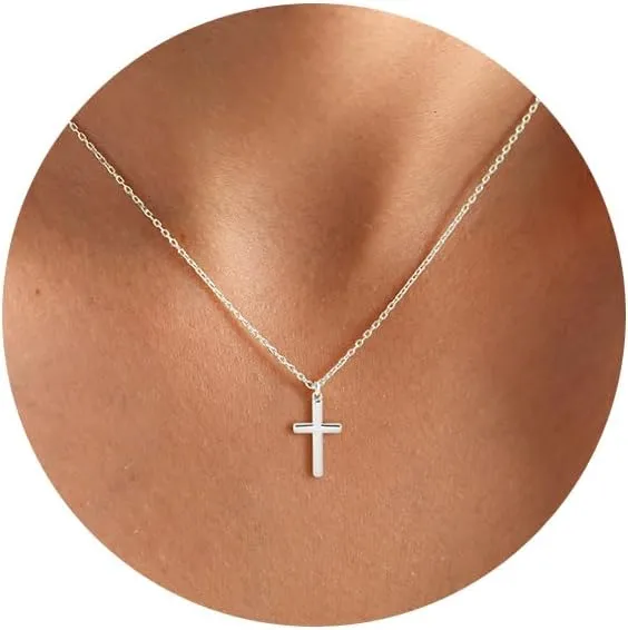 HANLI Cross Necklace, 14k Gold/Silver Plated Dainty Cross with Cubic ZirconiaStone