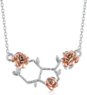 Happiness Serotonin Molecule Necklace for Women,925 Sterling Silver Rose Flower/Butterfly/Daisy Pendant Hormone Serotonin Necklaces,Science Jewelry for Teacher, Professor,Chemistry Grad