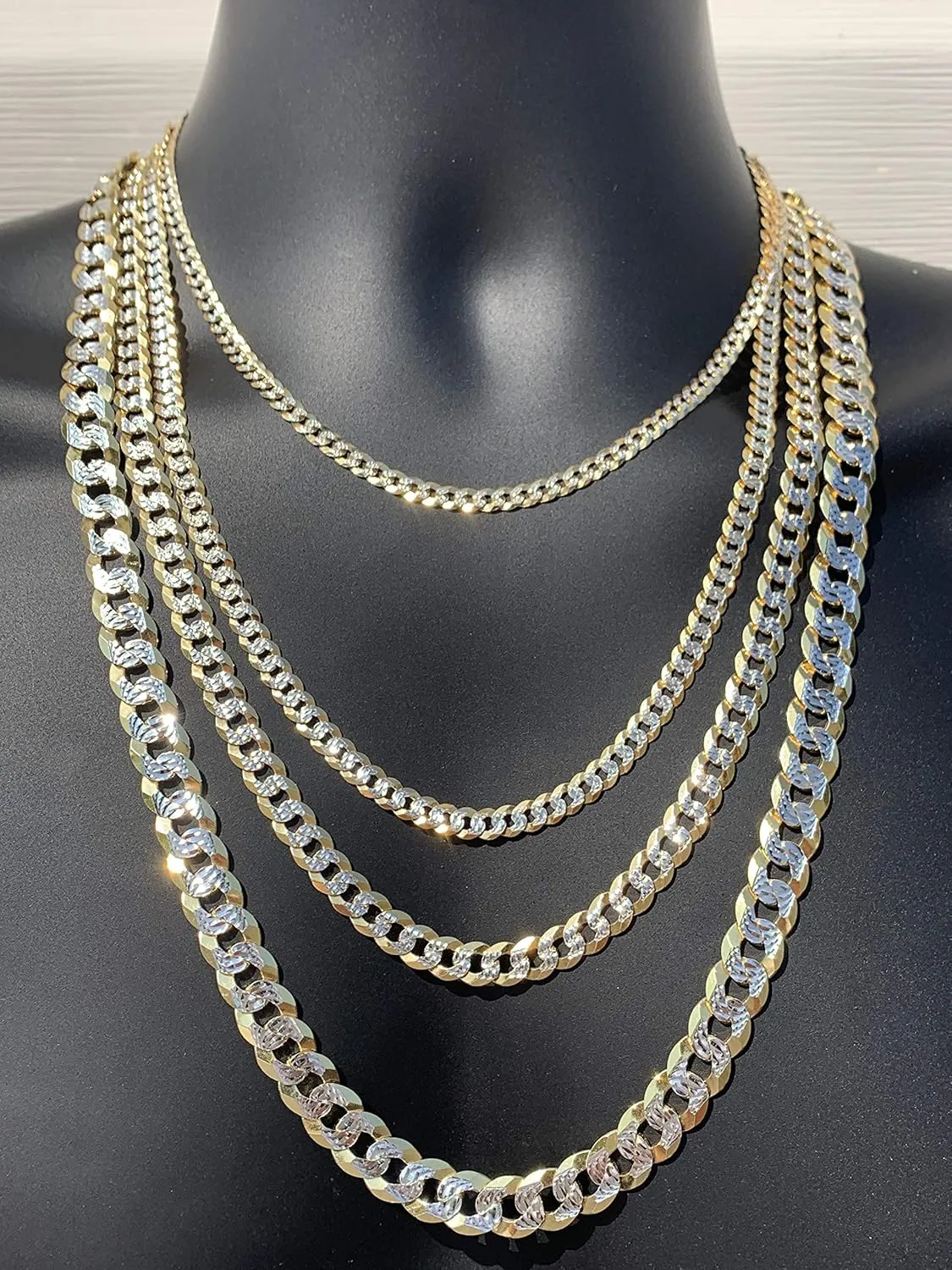 HarlemBling Men's Flat Cuban Chain - Two Tone Diamond Cut - 14k Gold Over Solid 925 Sterling Silver - Made In Italy - 5mm 6mm 8mm 10mm