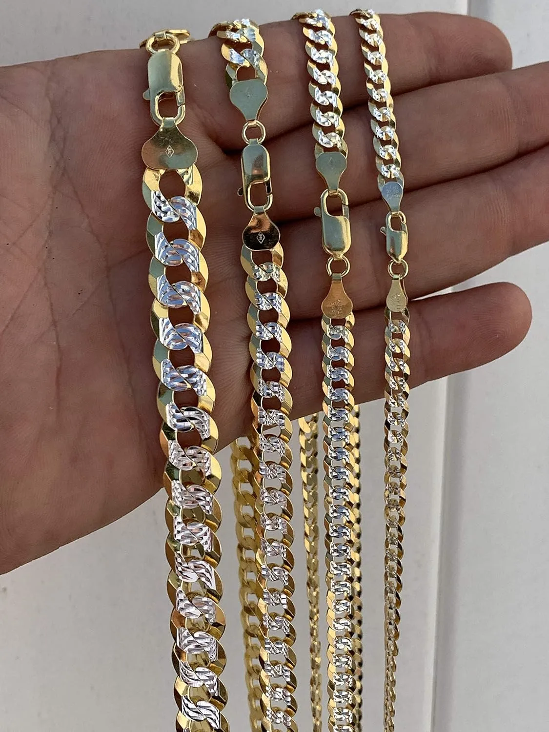 HarlemBling Men's Flat Cuban Chain - Two Tone Diamond Cut - 14k Gold Over Solid 925 Sterling Silver - Made In Italy - 5mm 6mm 8mm 10mm