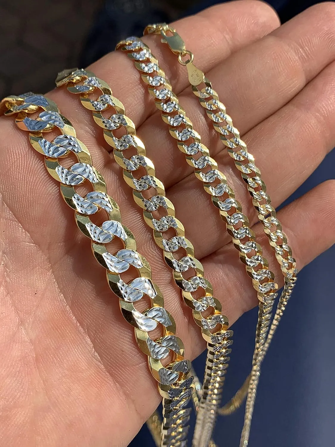 HarlemBling Men's Flat Cuban Chain - Two Tone Diamond Cut - 14k Gold Over Solid 925 Sterling Silver - Made In Italy - 5mm 6mm 8mm 10mm