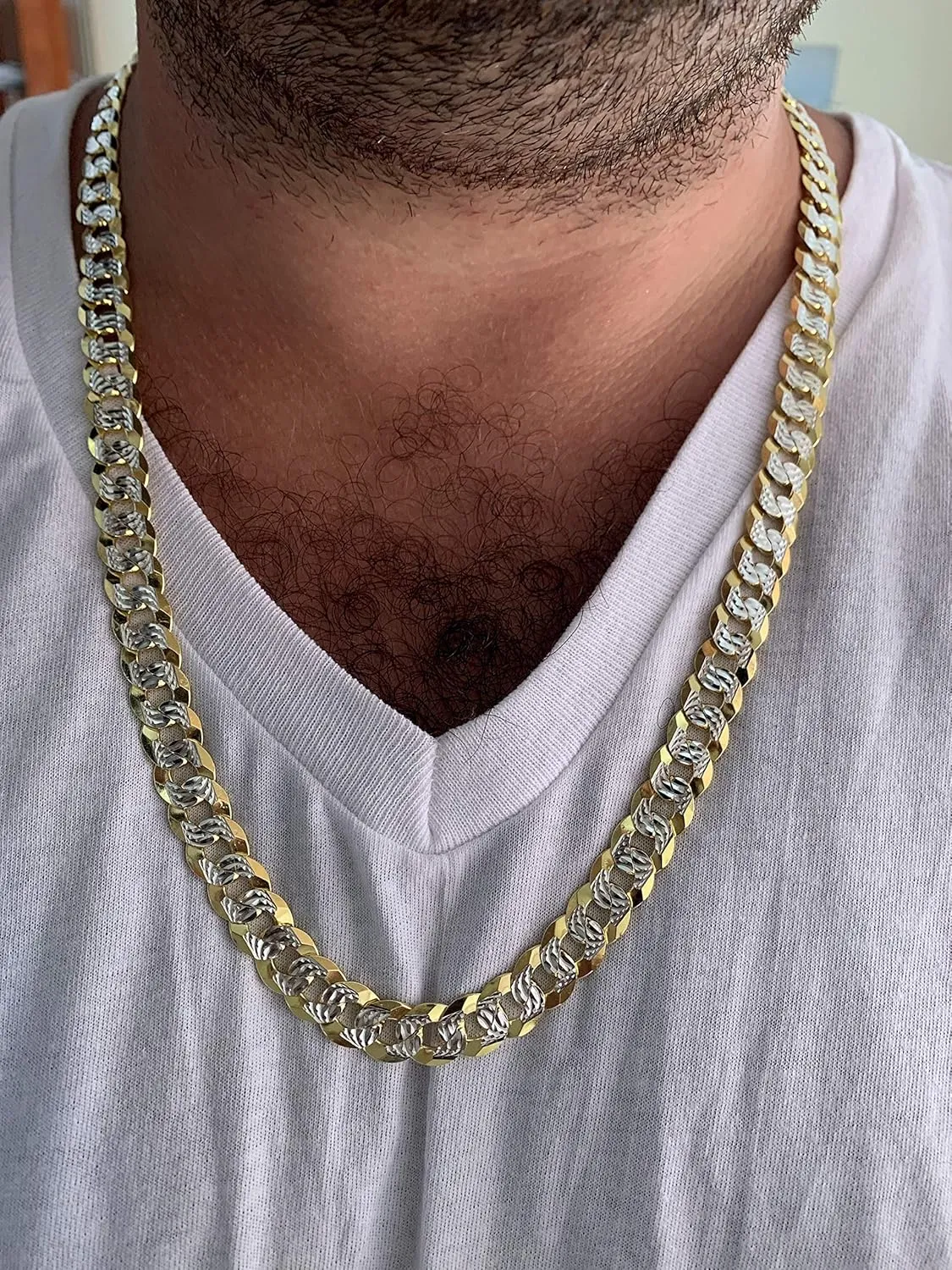 HarlemBling Men's Flat Cuban Chain - Two Tone Diamond Cut - 14k Gold Over Solid 925 Sterling Silver - Made In Italy - 5mm 6mm 8mm 10mm