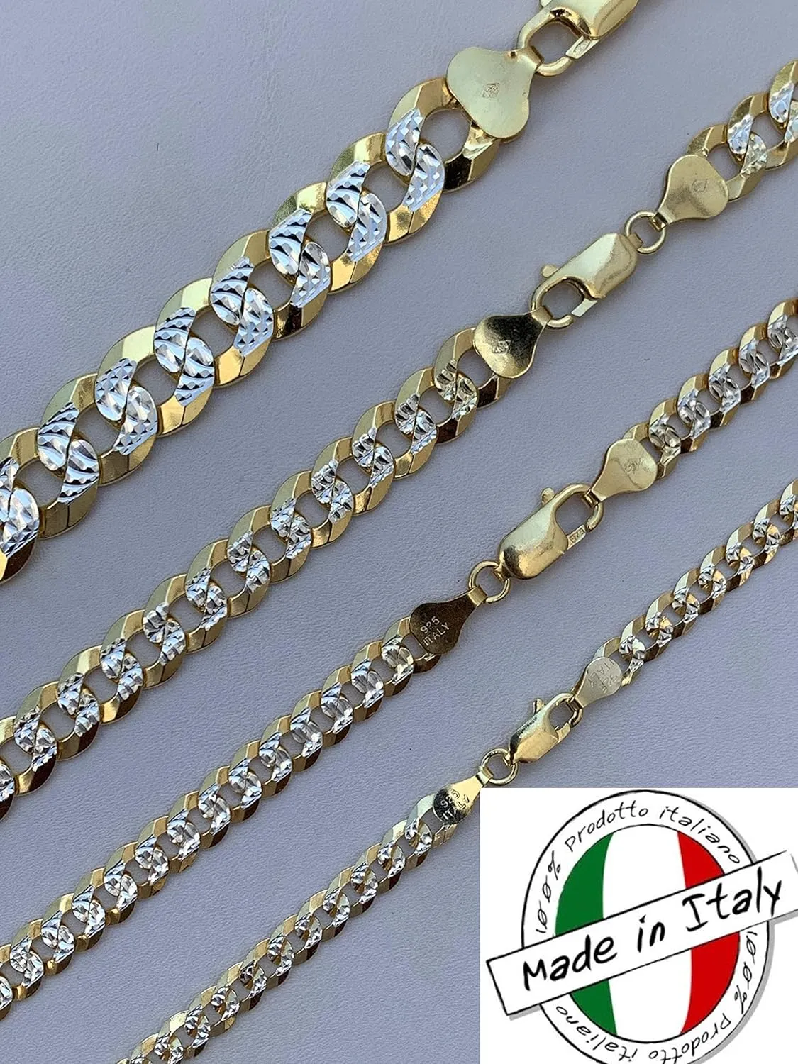 HarlemBling Men's Flat Cuban Chain - Two Tone Diamond Cut - 14k Gold Over Solid 925 Sterling Silver - Made In Italy - 5mm 6mm 8mm 10mm