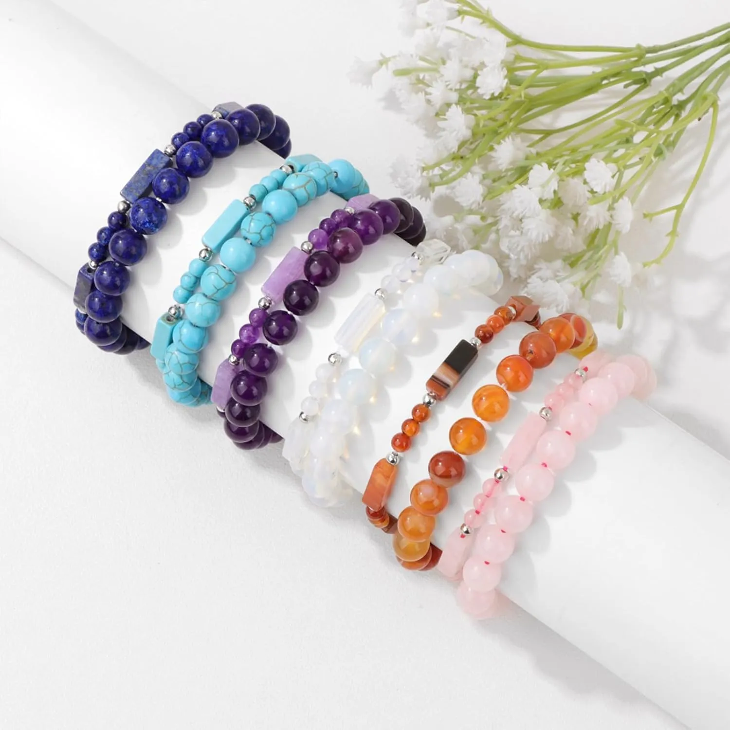 Healing Beaded Bracelets for Women Men 2Pcs Healing Crystal Stretch Bracelet Natural Stone Bracelet Beads Gemstone Bracelet for Men Women