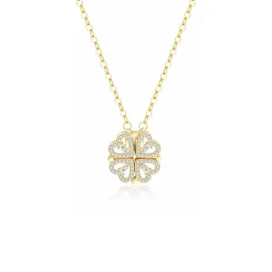 Heart Four Leaf Clover Necklace;Clover Hearts Necklace For Women Clover Necklace, Fashionable, Heart Folding,Gold Hollow Four Leaf Clover Locket Necklace Creative Collarbone Chain Gift (Gold)