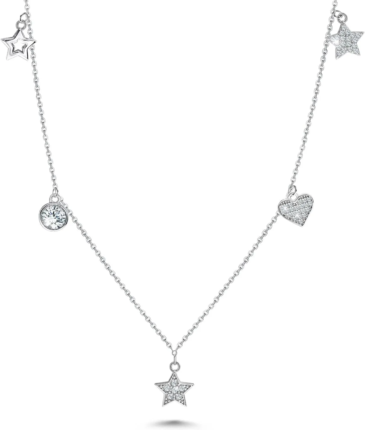 Heart Star Necklace for Teen Girls Women - Sterling Silver Fashion Adjustable Pendant Necklace Dainty Round Cubic Zirconia Charm Necklace Gifts for Christmas Birthday for Daughter Granddaughter