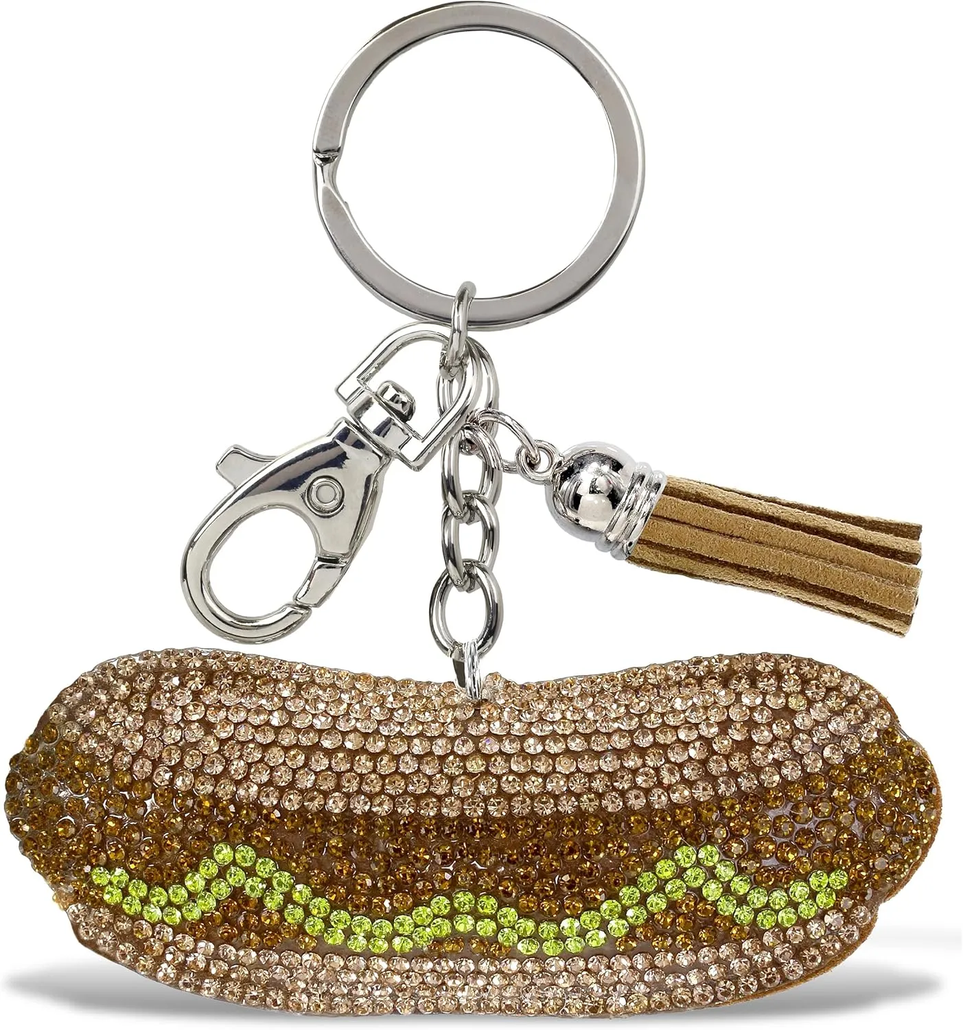 Hotdog Keychain - Brown Sparkling Rhinestones Charm with Tassel, Fashionable Stylish Polyester PU Food Key Ring Bling Jewelry Accessory with Clasp For Key Chain, Bag, Purse and Backpack