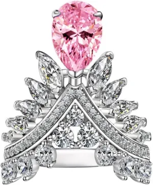 HSQYJ Adjustable Blue Pink Zircon Crown Cocktail Weding Ring Pear Shape Crystal Wishbone Stacking Statement Rings Uniquely Stylish Fashion Creative Jewelry for Women Silver Plated