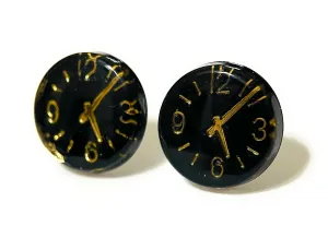 Hypoallergenic Modern Clock Time Stud Earrings on Plastic Posts (Black)