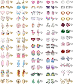 Hypoallergenic Stud Earrings for Girls Women - Cute Stainless Surgical Steel Earring Sets Sensitive Ears Small Colorful Animal Jewelry for Toddler Kids Teens 63 Pairs Age: over 4 years old