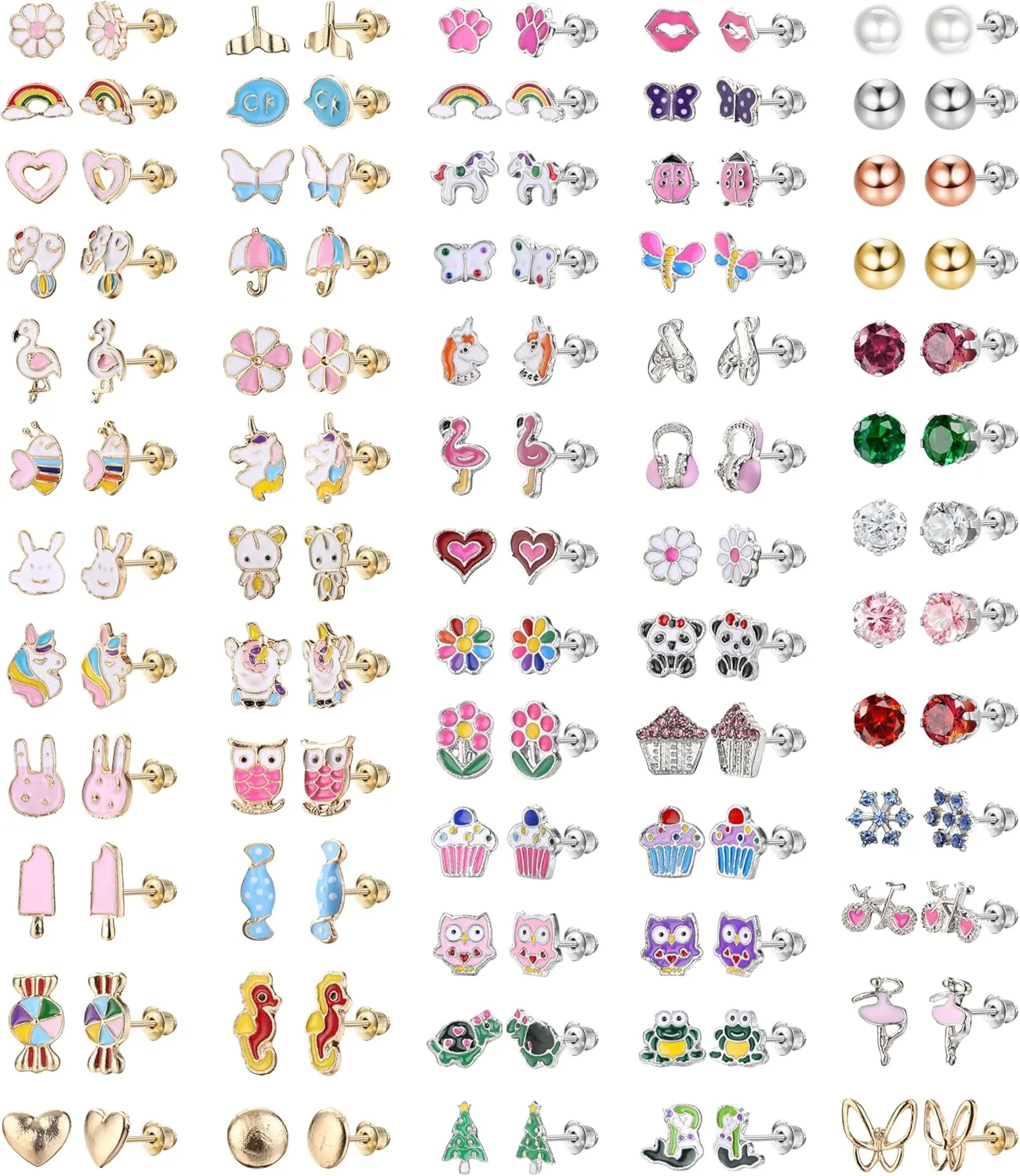 Hypoallergenic Stud Earrings for Girls Women - Cute Stainless Surgical Steel Earring Sets Sensitive Ears Small Colorful Animal Jewelry for Toddler Kids Teens 63 Pairs Age: over 4 years old