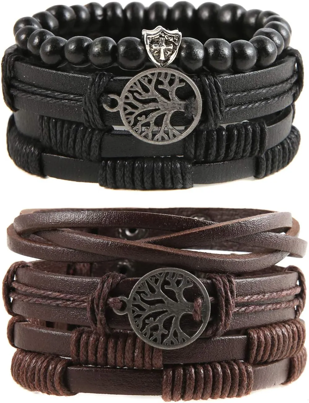 HZMAN Genuine Leather Tree of life Bracelets Men Women, Tiger Eye Natural Stone Lava Rock Beads Ethnic Tribal Elastic Bracelets Wristbands