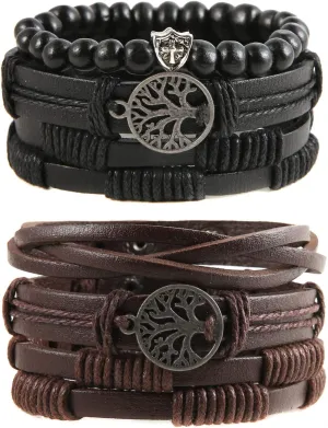 HZMAN Genuine Leather Tree of life Bracelets Men Women, Tiger Eye Natural Stone Lava Rock Beads Ethnic Tribal Elastic Bracelets Wristbands